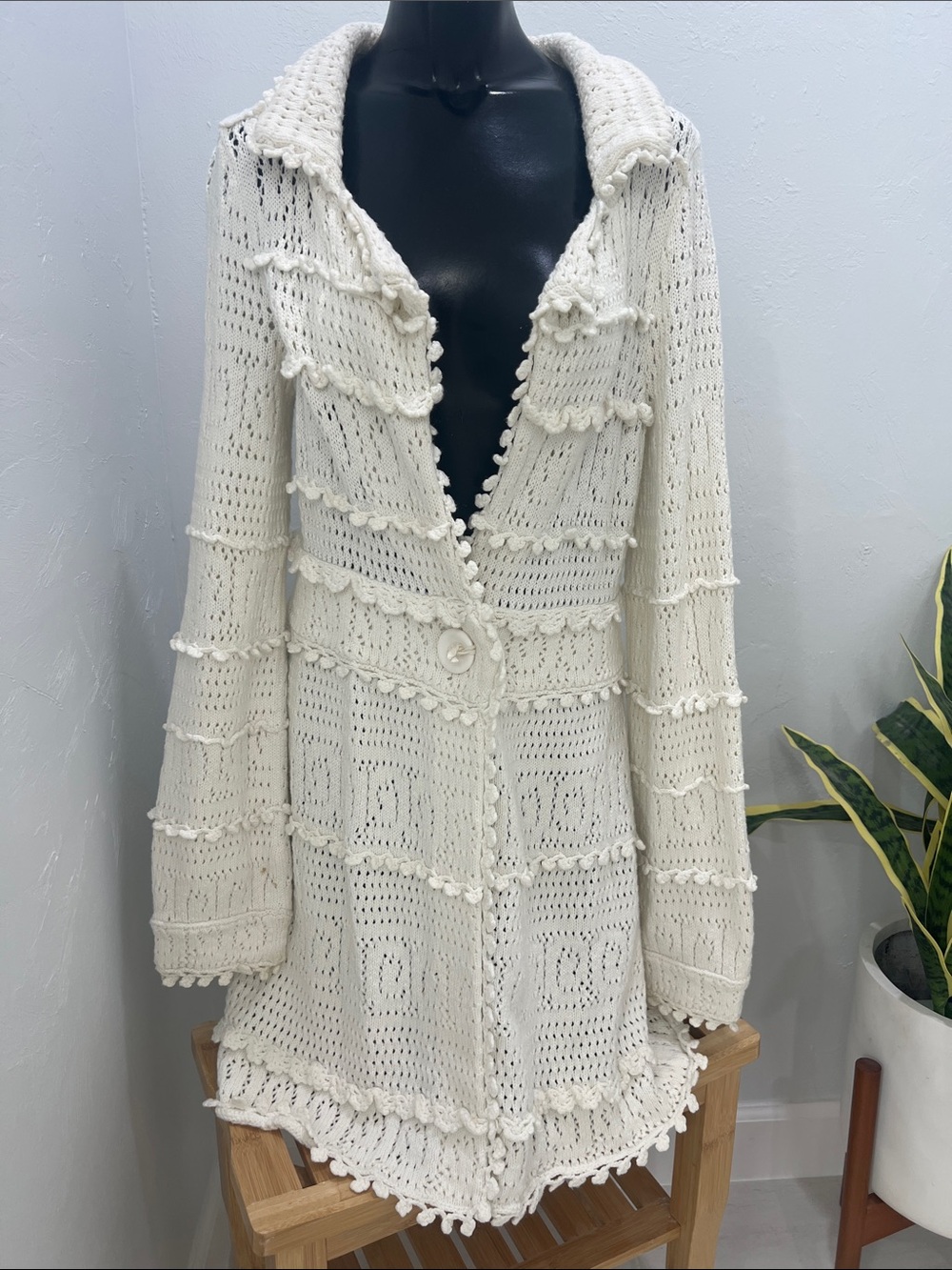 Anthropologie sweater coat BoHO knitted and knotted SEA OF STALKS Medium Cream